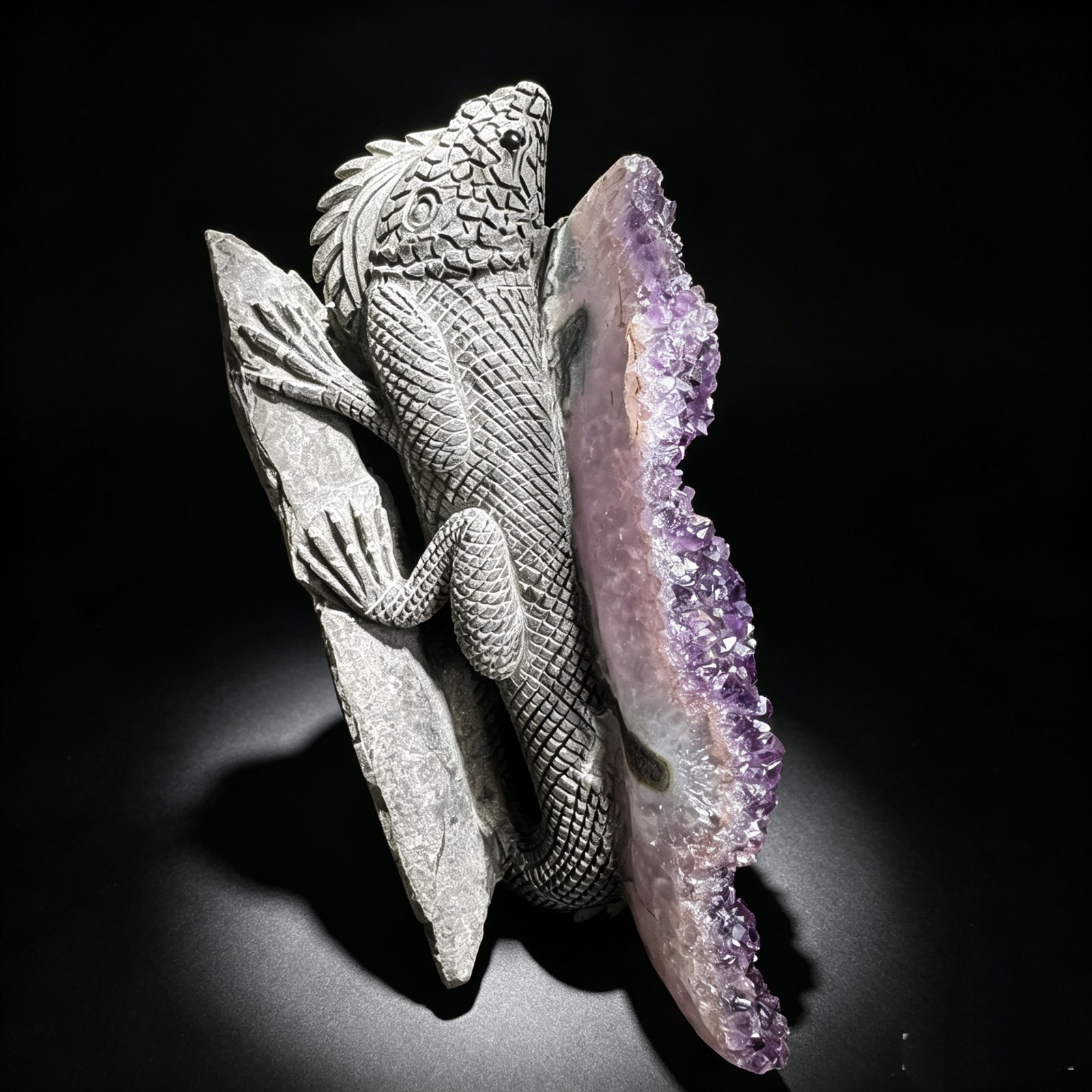 Hand Carved Amethyst Cluster Lizard Figurine Natural Crystal Reptile Sculpture 7