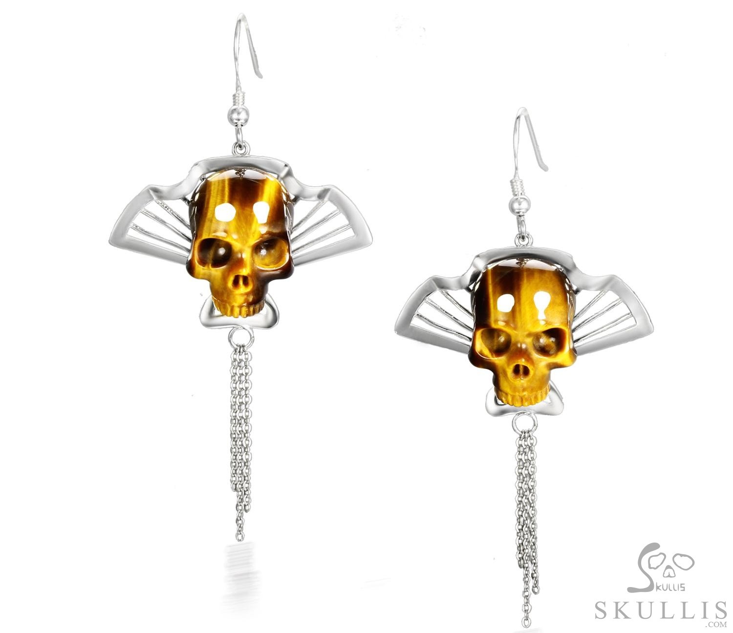 Gemstone Gold Tiger Eye & 925 Sterling Silver Carved Crystal Skull Earrings