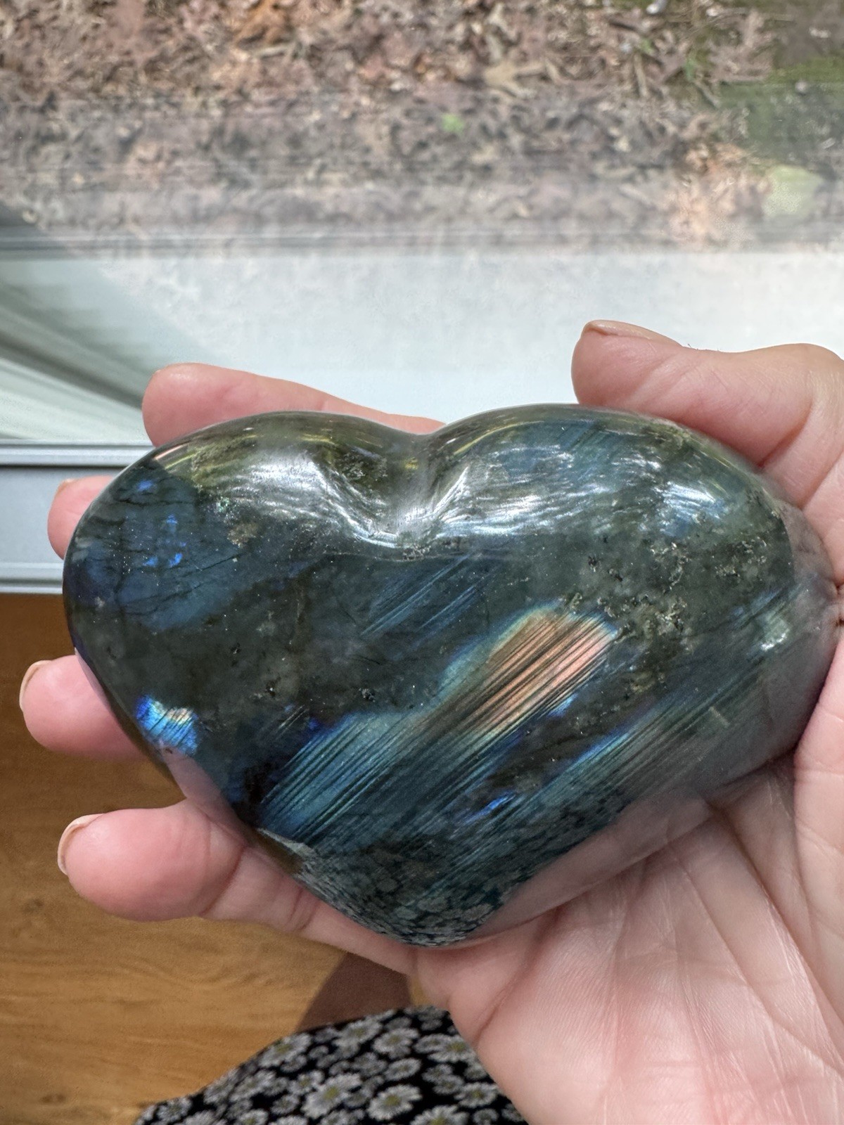 Labradorite Natural Heart Shape Crystal Multi-Color Quartz palm stone, med. NEW