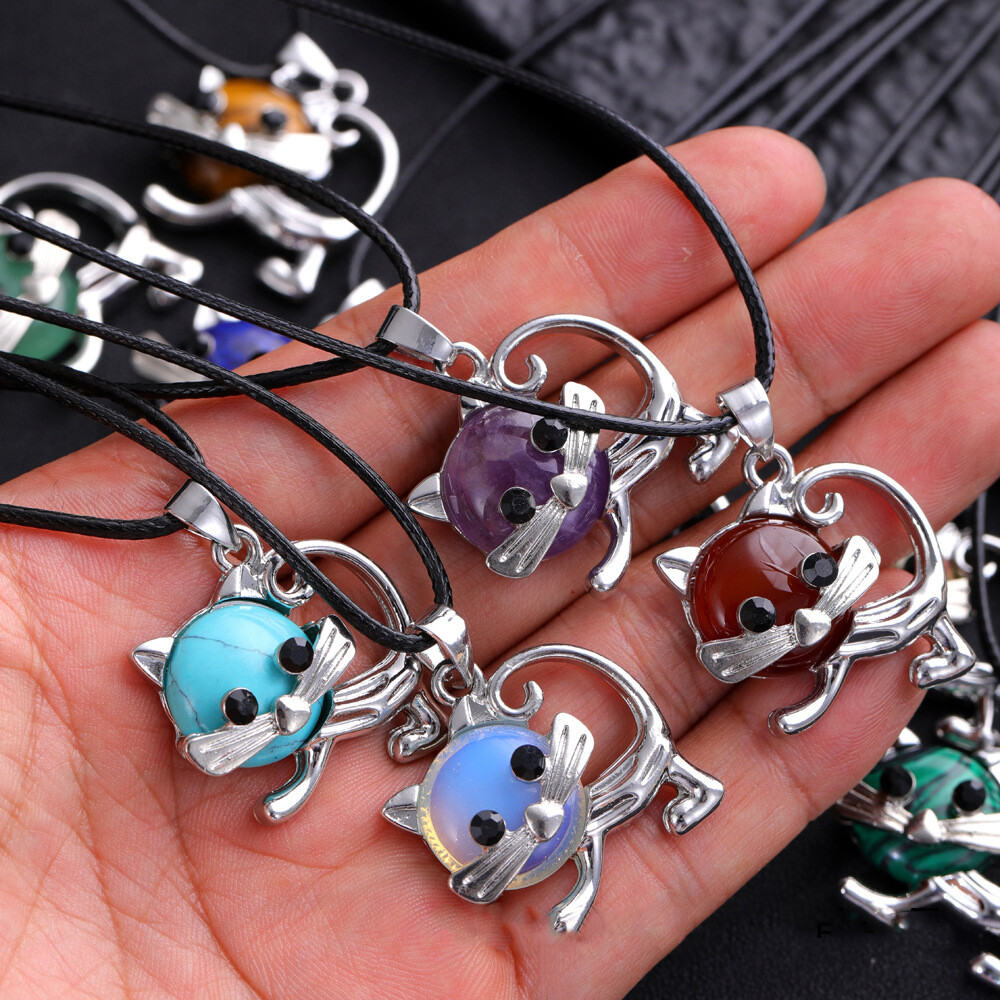 1pc Mini Cat Bowknot Crystal Pendant Chakra Quartz Gemstone Reiki Healing Gift