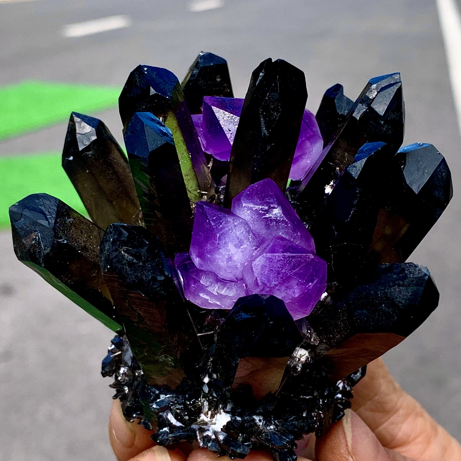 268G New Find black+purple Phantom Quartz Crystal Cluster Mineral Specimen