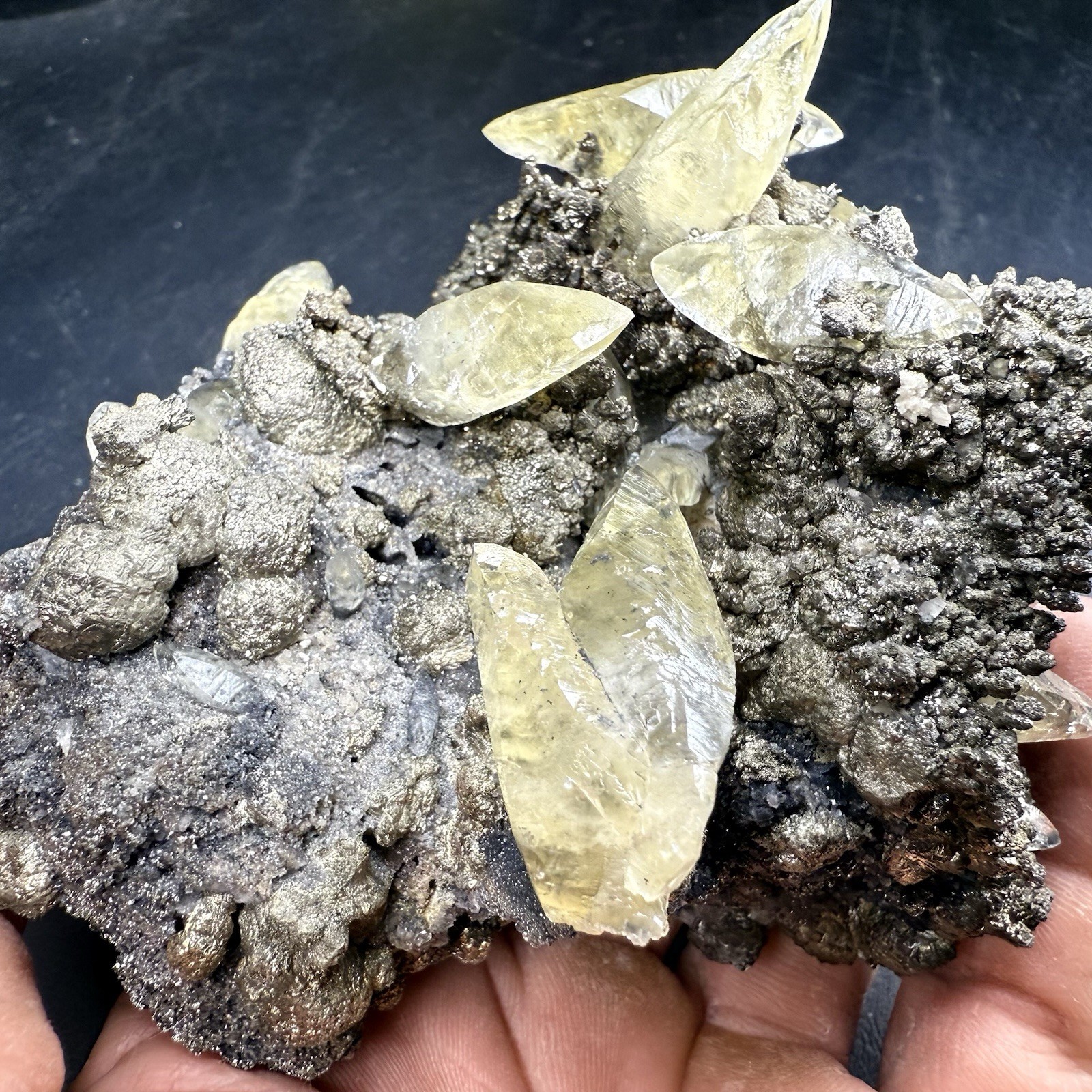 Golden Calcite Crystals on Chalcopyrite Pyrite Matrix / Missouri
