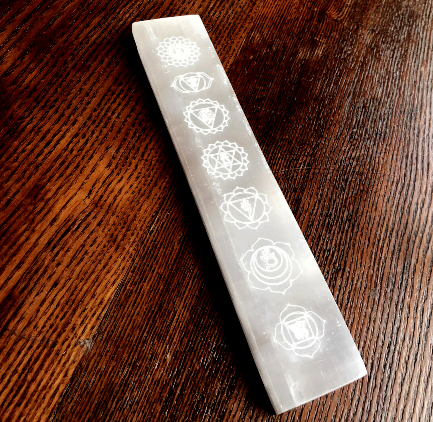 8 ” Polished Selenite Charging Plate XL Engraved Chakra Crystal Display Flat Wan