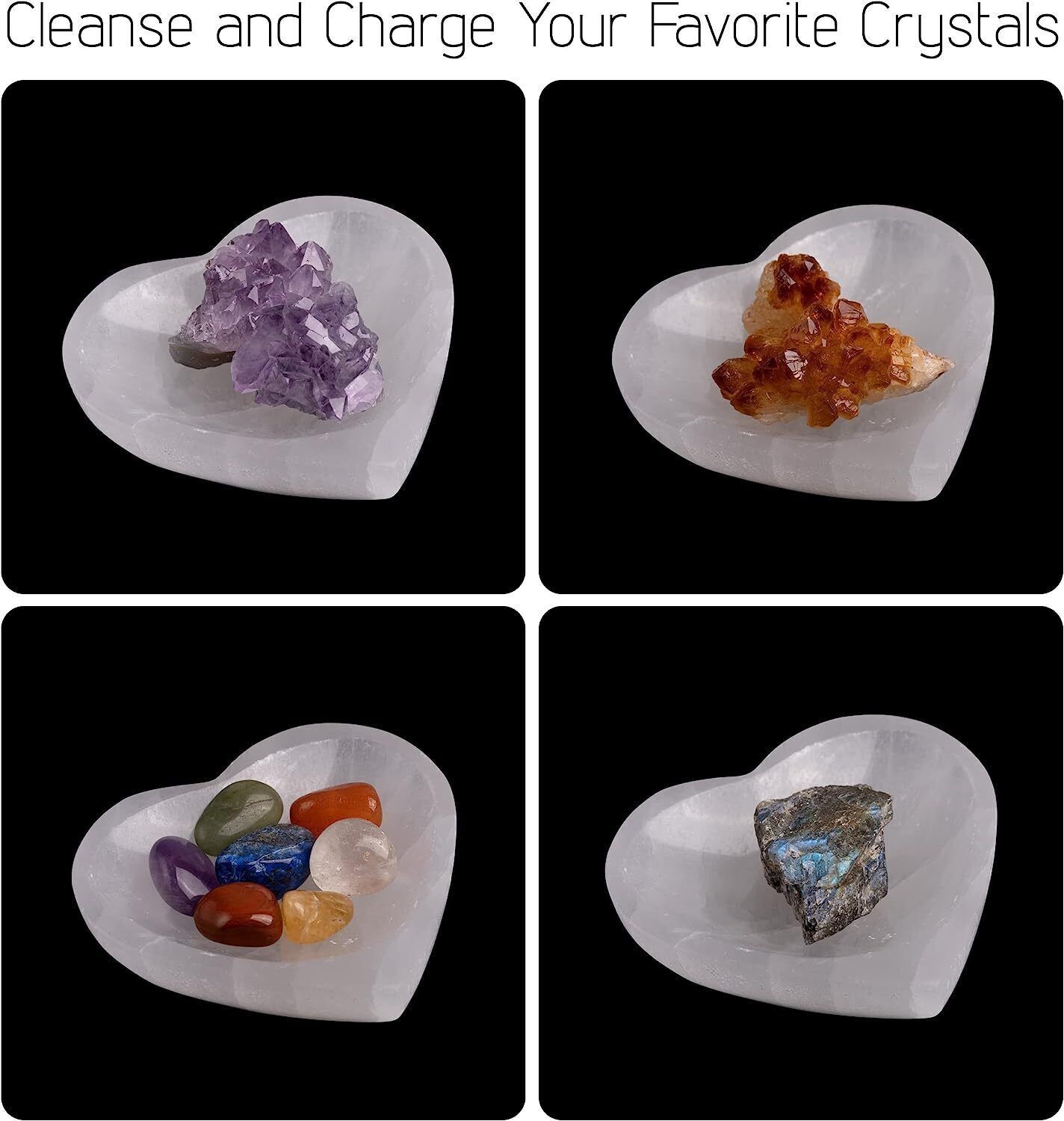 4″ Heart Selenite Bowl with Amethyst Necklace – Crystal Bowl to Cleanse & Charge