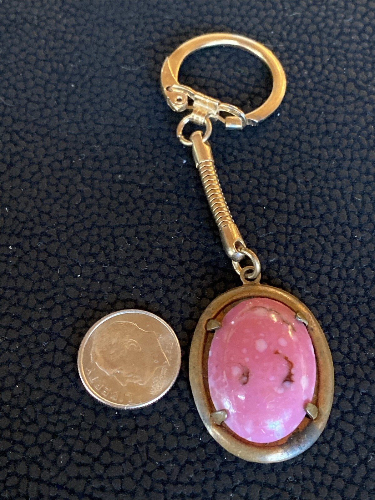 Vintage Pink RHODONITE Heart Gemstone Polished Cabochon Keychain Fob Oval Brass