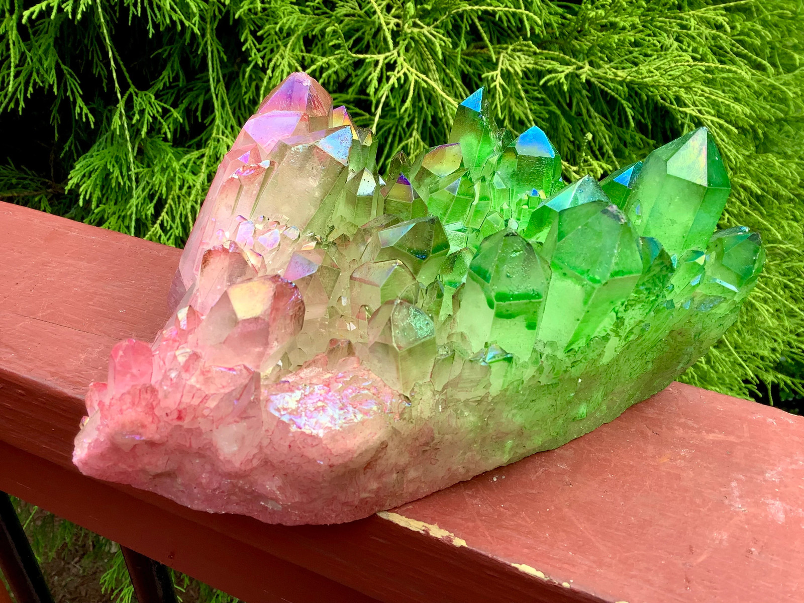 Electric Pink & Green Aura Quartz Crystal Cluster ~ Large 3 Lb. 15 oz. ~ 7″ Lon