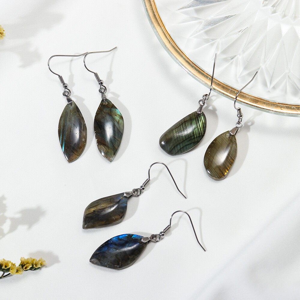 Natural Drop Labradorite Dangle Hook Earrings Crystal Quartz Healing Jewelry