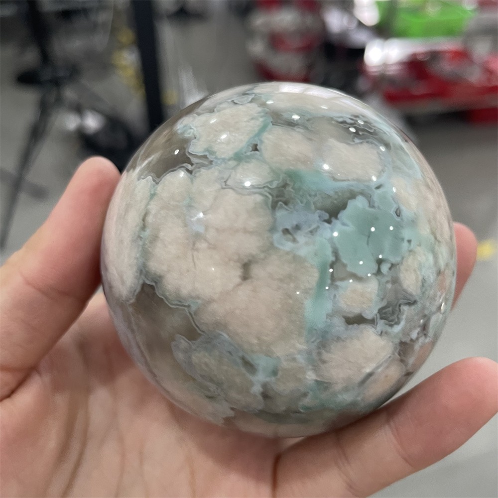 0.8LB 2.3″Hot Sale A+Natural Green Flower Agate Sphere Crystal Reiki Ball Decor
