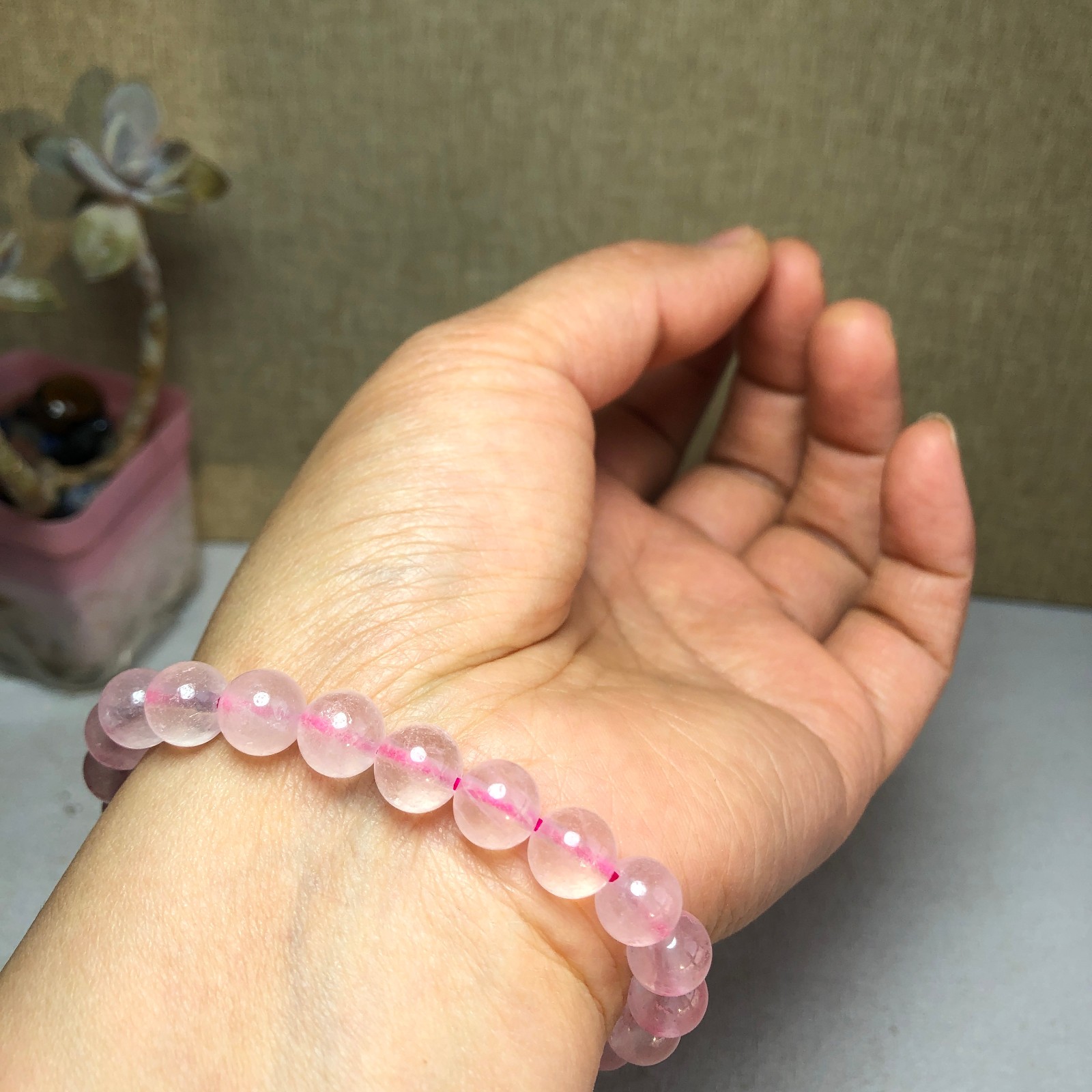 5pcs wholesale Natural pink Crystal rose Quartz chain beads bracelet 8mm A2782