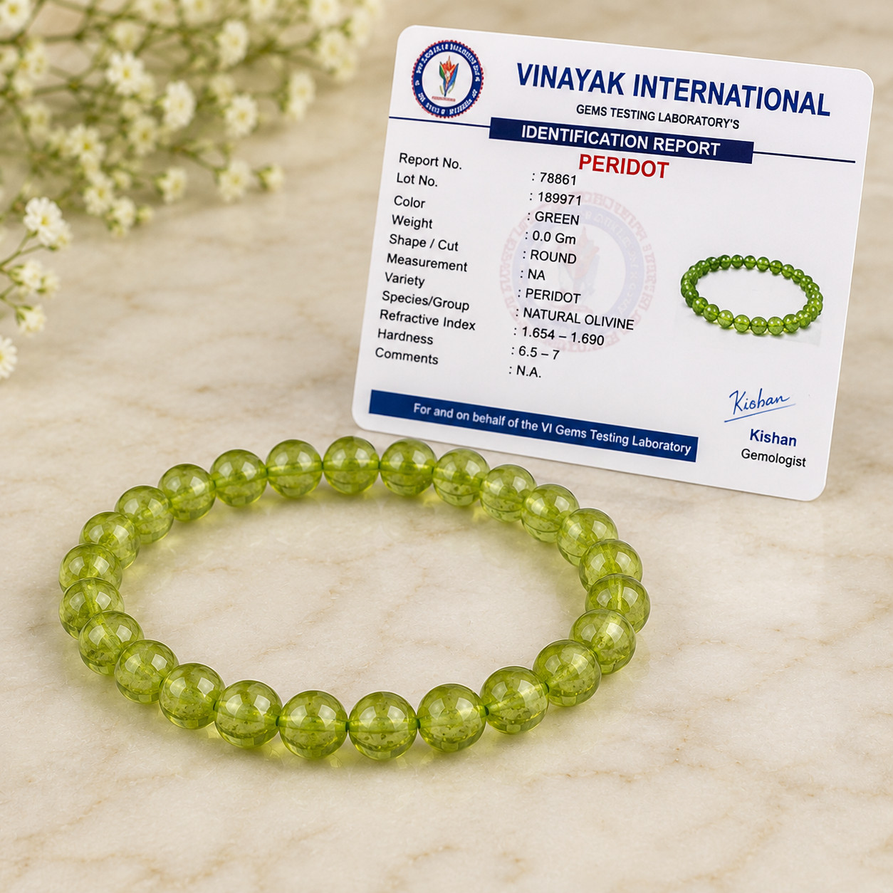 Certified Natural Peridot Bead Bracelet Green Gemstone Stretch Bracelet Unisex