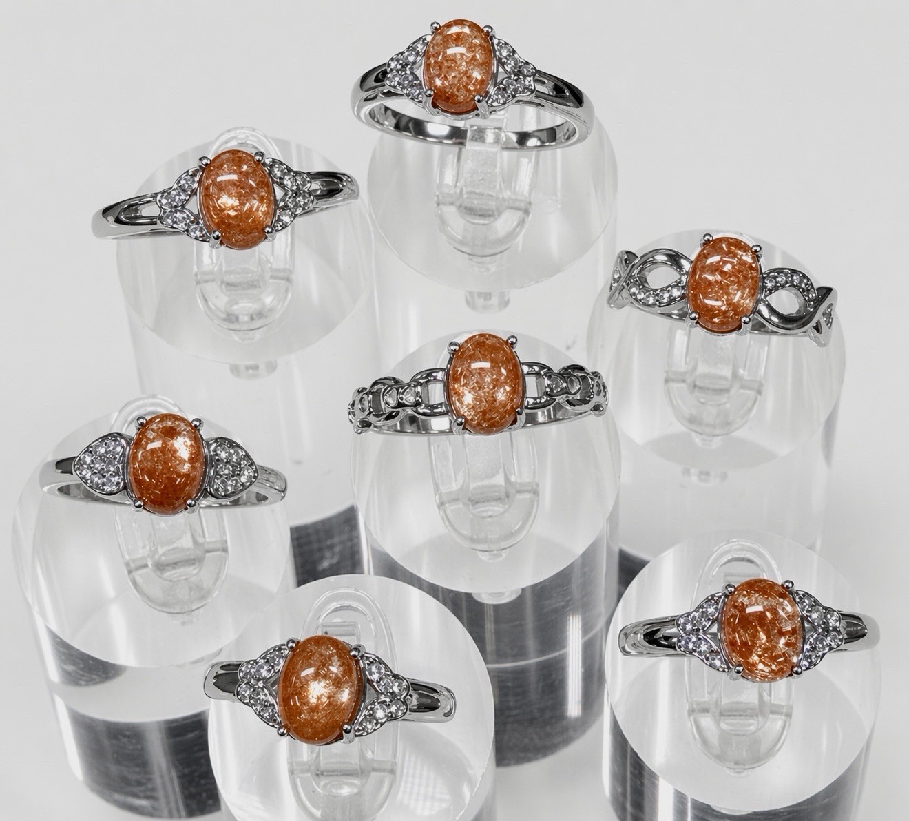 Wholesale 7 Pcs Natural Sunstone Stainless Steel(316) Rings Crystal 6x8mm