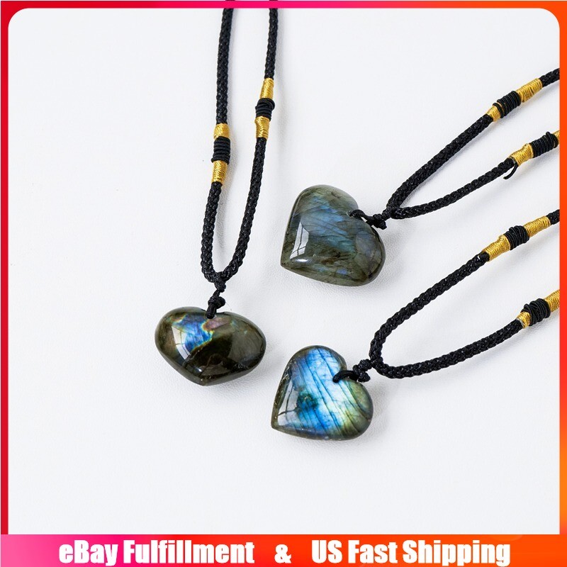 Natural Labradorite Heart Shaped Pendant Chakra Quartz Crystal Necklace Reiki US