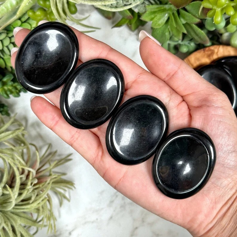 Black Obsidian Palm Worry Stone Oval Polished Healing Crystal Pocket Stone