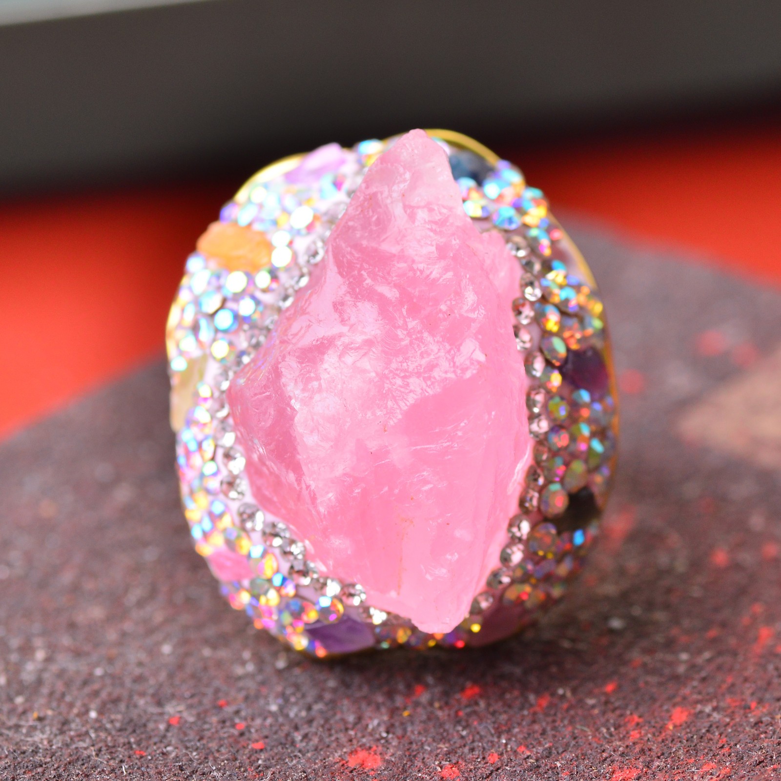 pink quartz ring, alloy inlaid with handmade gemstone jewelry Love Stone