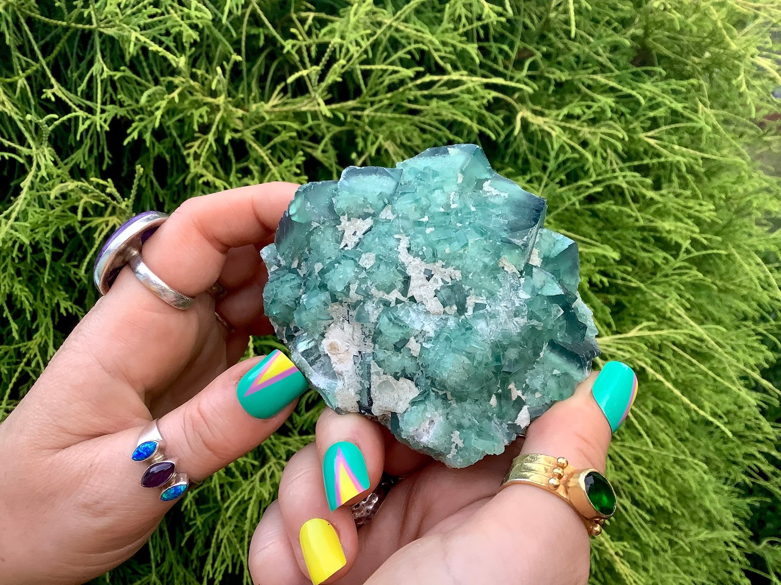 Green Fluorite Crystal Cluster ~ Large 14.9 oz. ~ 3″ Long ~ White Feldspar incl