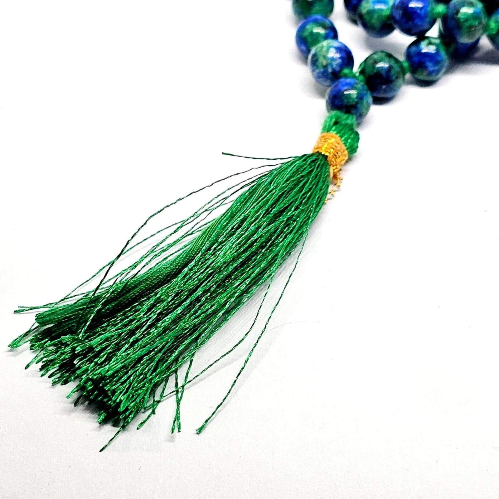 Chrysocolla Bead Necklace 43 Inch Knotted 8mm Gemstone Strand Tassel & Bag