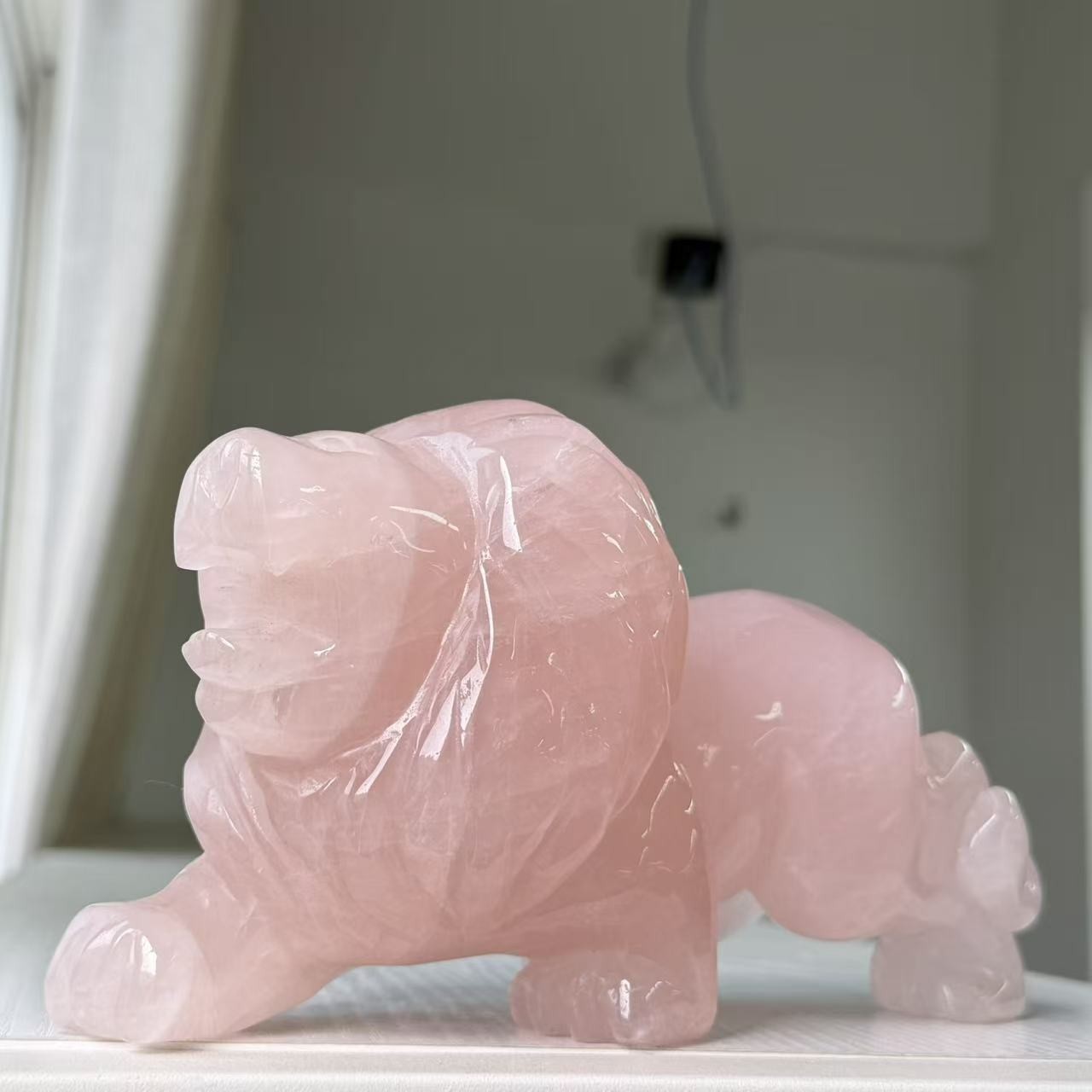 3.74LB Large Natural Rose Quartz Lion Statue Crystal Carving Home Decor FengShui