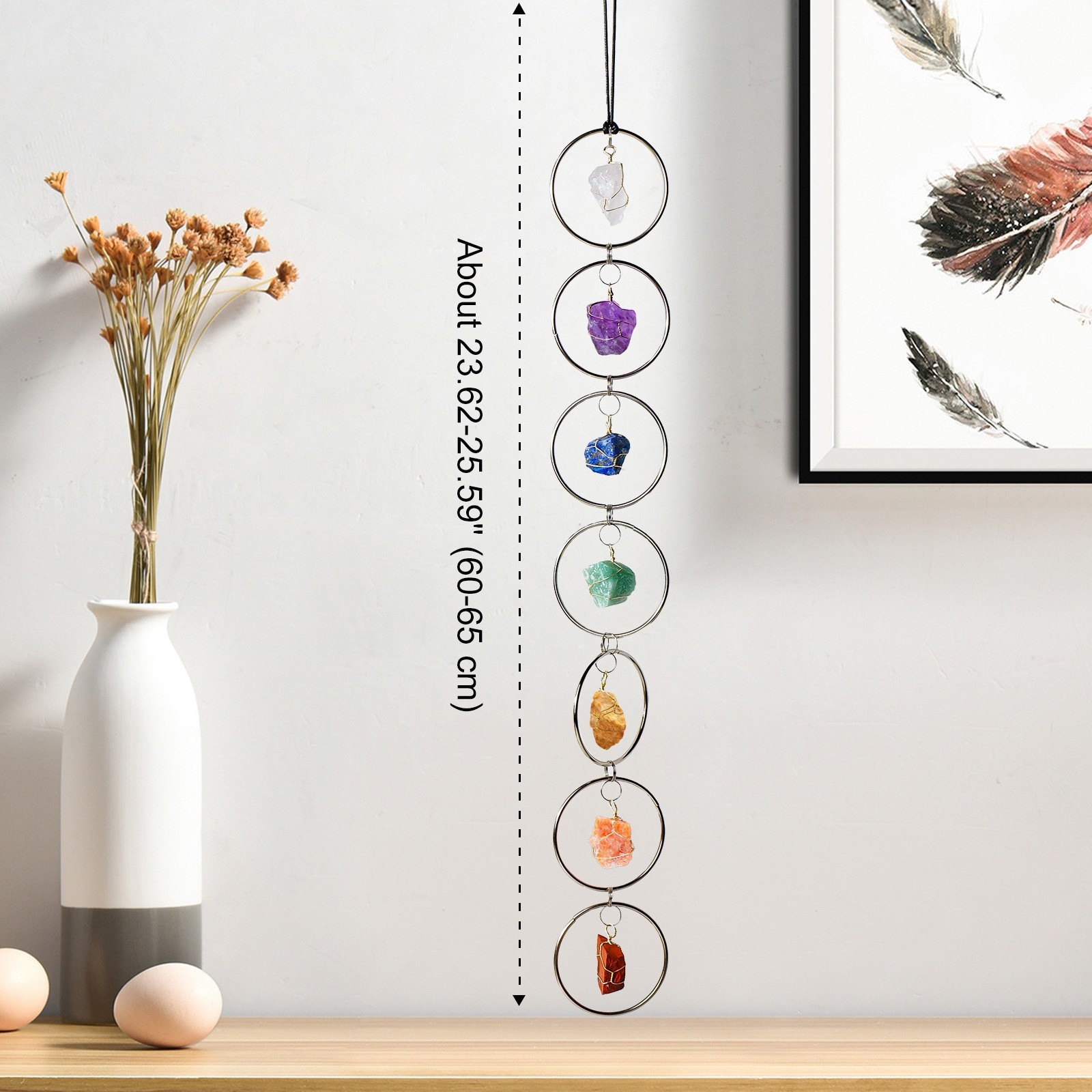 Natural Rainbow Raw Crystal Agate Wall Hanging Gold Silver Hoop Yoga Stone Decor
