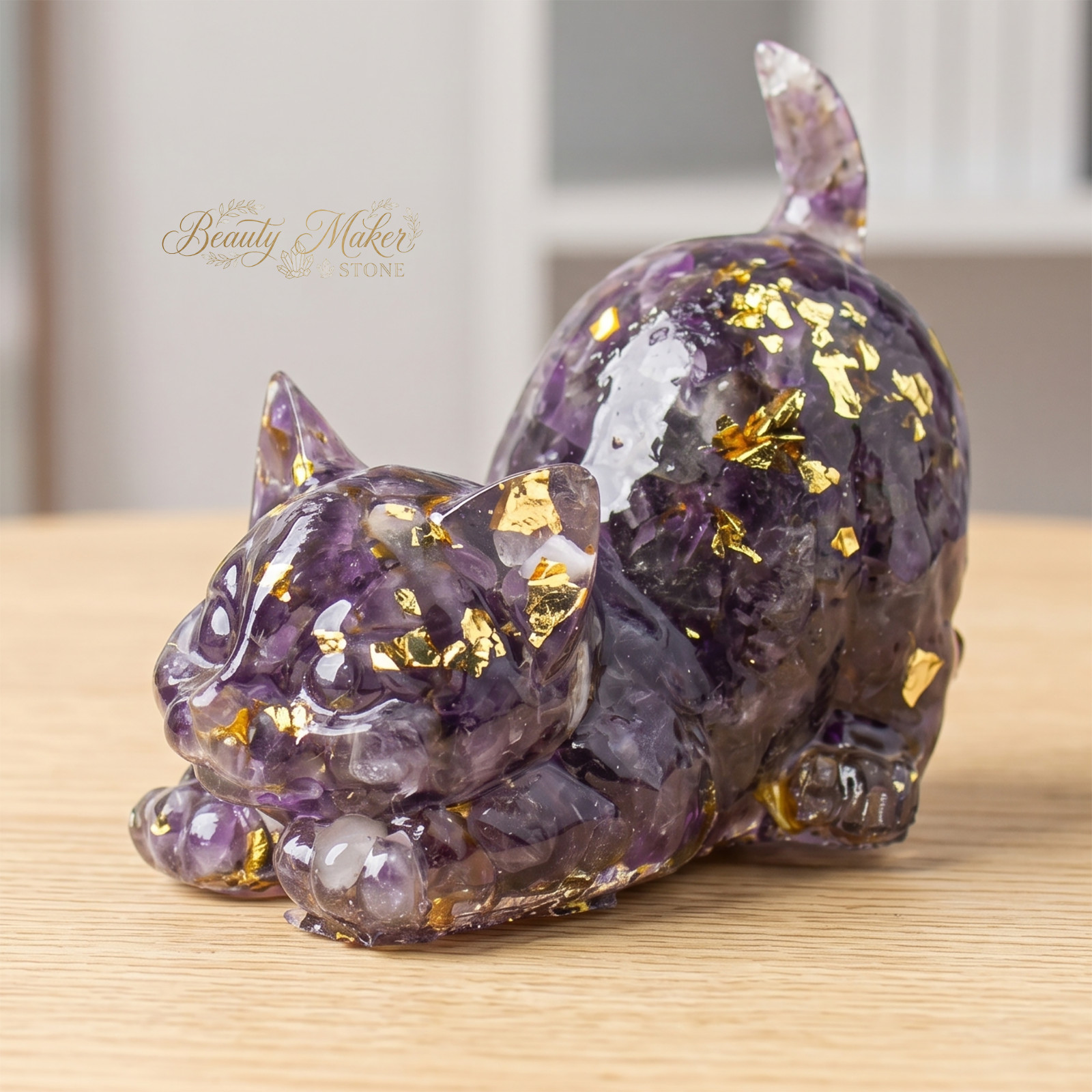 Natural Amethyst Crystal Cat Figurine Lucky Kitten Statue Home Office Decor Gift