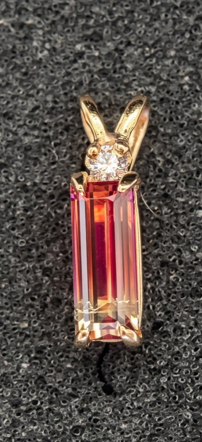 Watermelon Natural Tourmaline and Diamond Pendant 14kt Gold