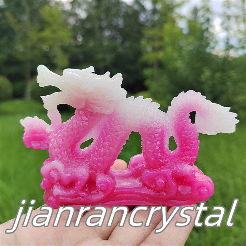 4″ Pink Luminous Stone Sculpture Dragon Resin Decor Skull Chinese Dragon 1pc
