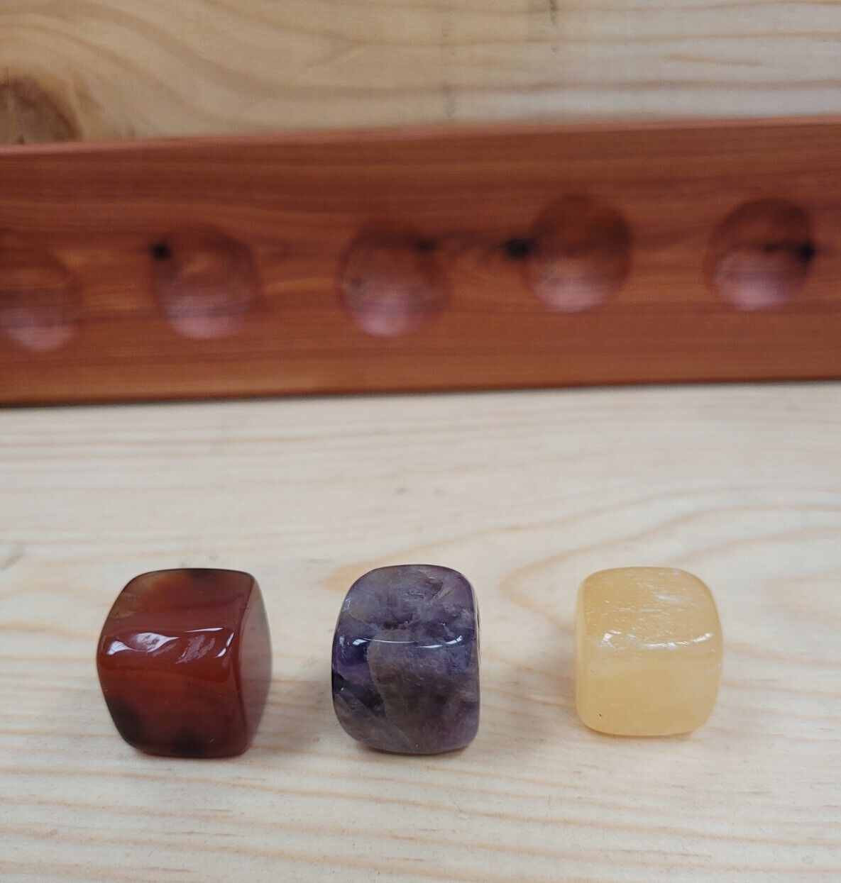 Handmade Wood Base/7 Chakra SquareTumbled Stones/Crystals Set/Pouch/ArtistSigned