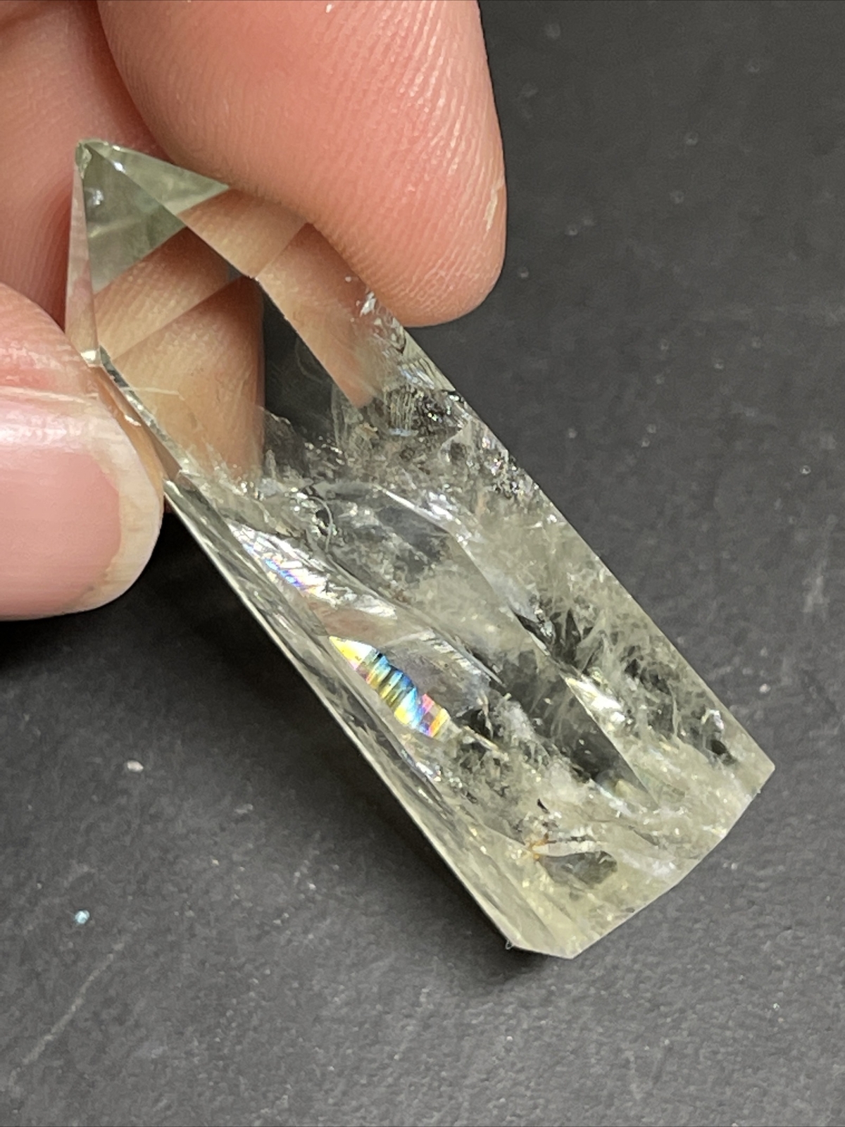 Prasiolite Green Amethyst Tower Point with Rainbows 1.58in Tall 9g