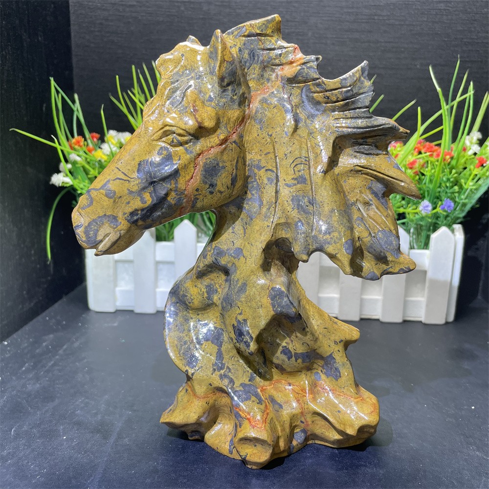 2.8LB 7.4″Shanhuanghua Jasper Horse Skull Crystal Quartz Carving Gift Reiki Home