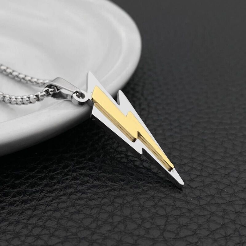 Men’s Fashion Jewelry Silver & Gold Lightning Bolt Pendant Necklace Reiki 1PC