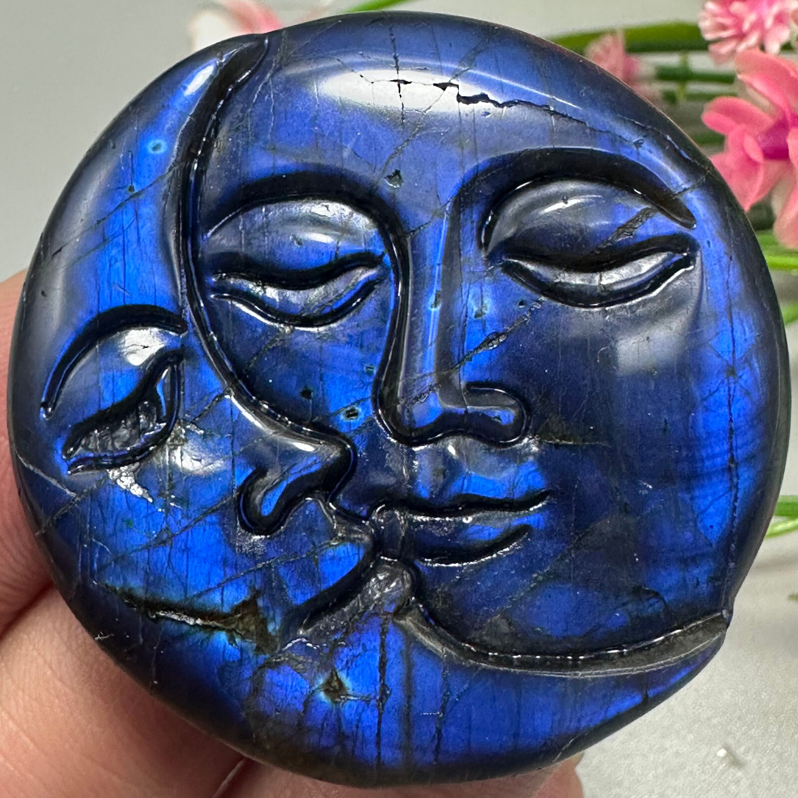 Natural Labradorite Sun Moon Face Quartz Skull Crystal Specimen Reiki Healing