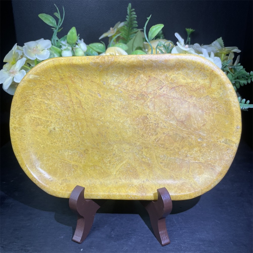 1.9LB 7.8″ Natural Yellow Jade Crystal Plate Carving Decor Energy Reiki Heal