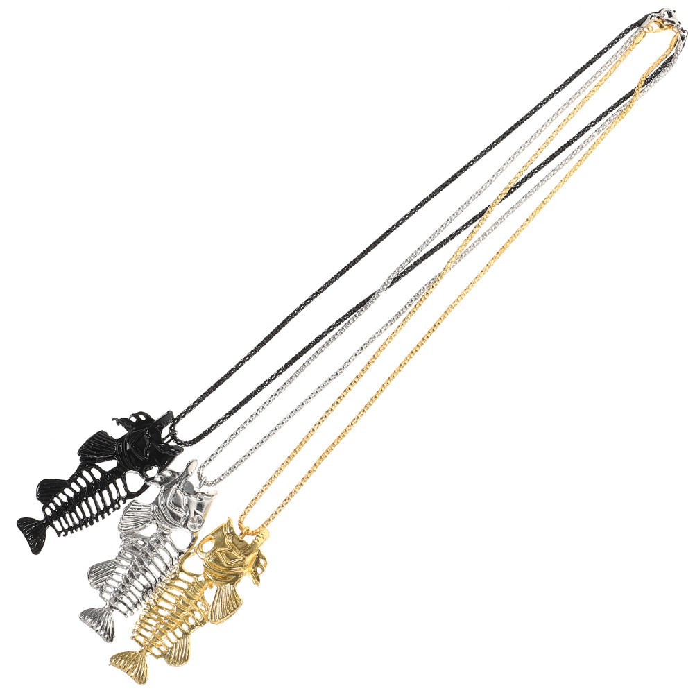3Pcs Durable Fish Bone Necklace Fishing Hook Surfer Chain Alloy Stainless Steel