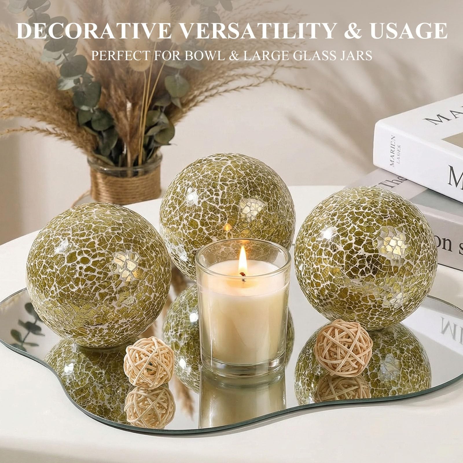 DomeStar 3PCS Decorative Balls, Mosaic Glass Orbs Centerpiece Medium, Gold