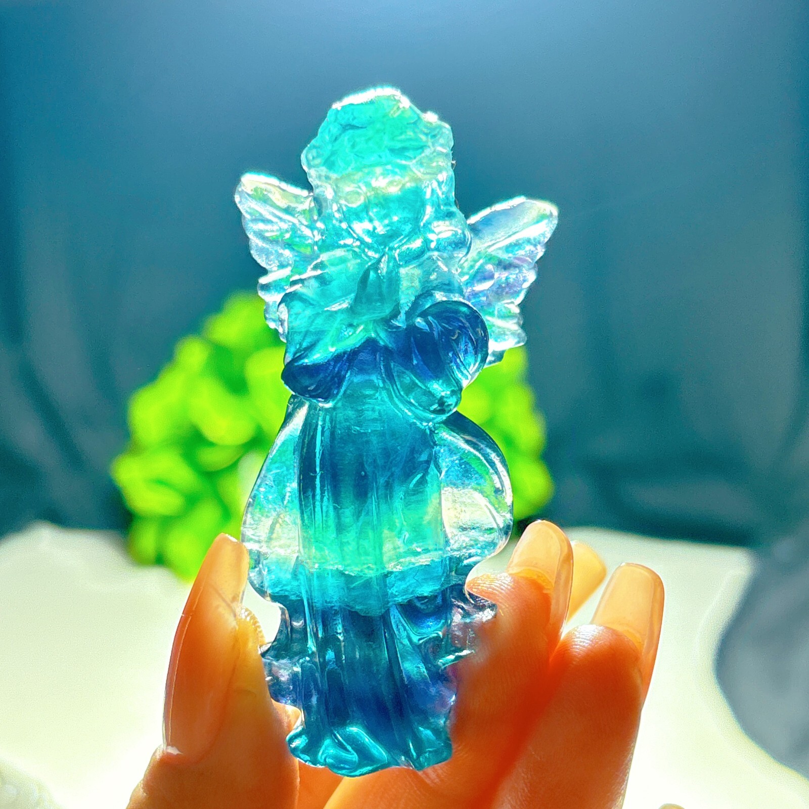 1PC Natural rainbow fluorite carving angel quartz crystal healing gift