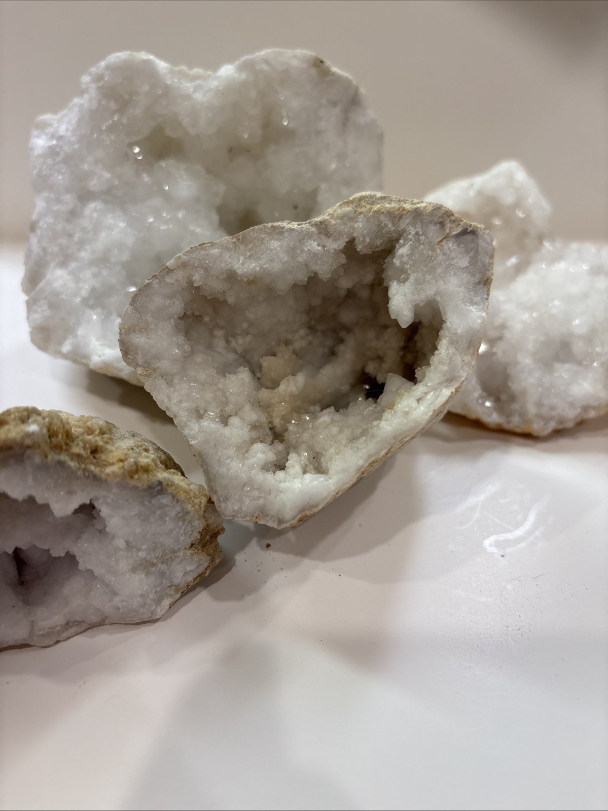Geodes: Natural White Quartz Crystals. Set Of 4