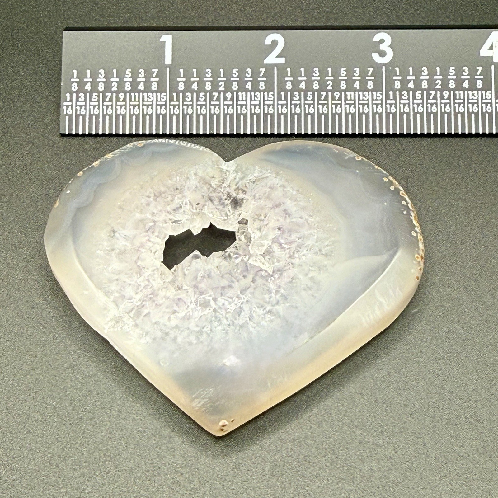 Polished Heart-Shaped Botswana Agate Slice with Druzy Crystal Center, White/Gray