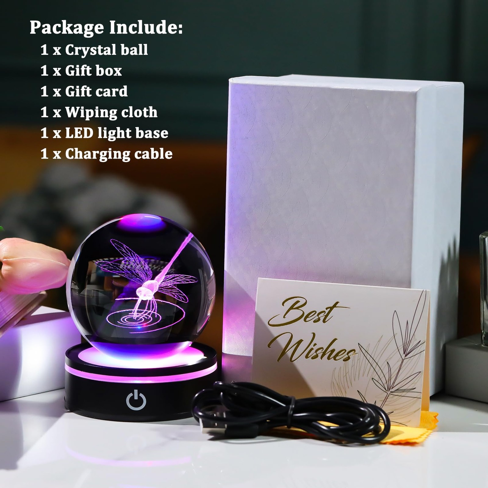 YWHL Crystal Ball 3D Dragonfly Figurine with LED Base, 3.15 inches,