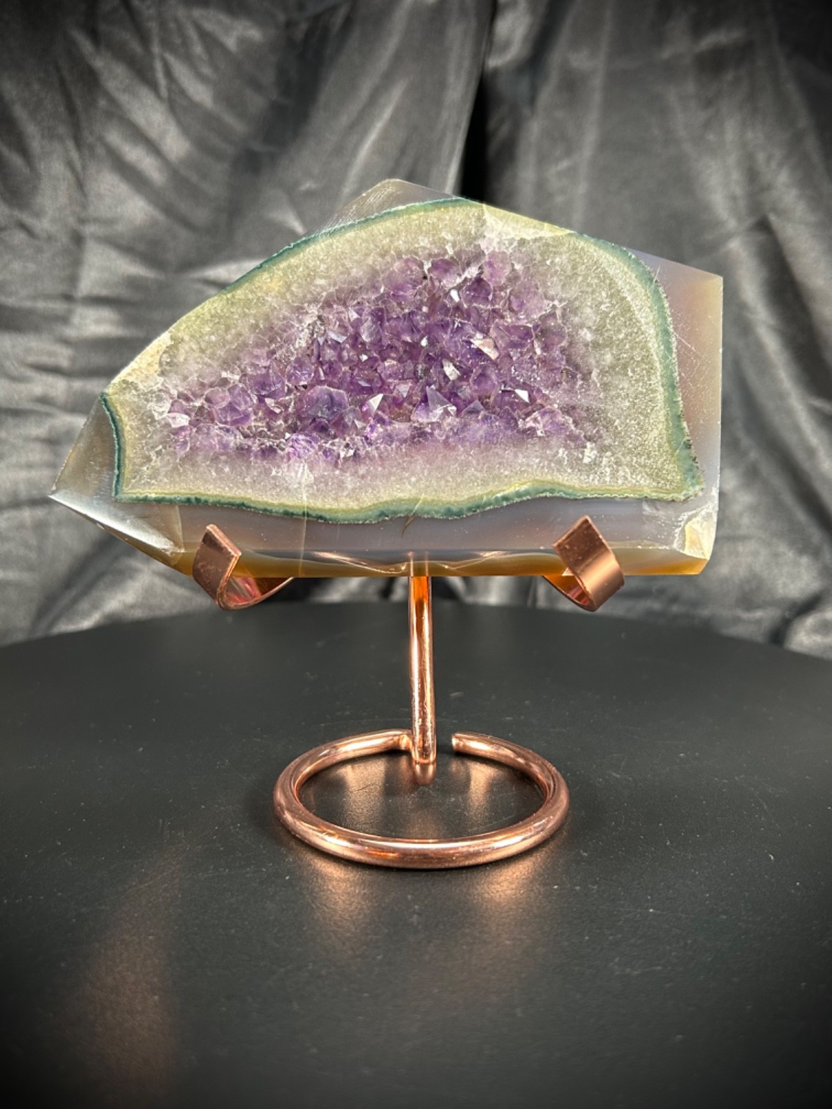 5.47″ Pretty Agate And Amethyst Slab Freeform With Metal Stand 9.6oz (270 grams)