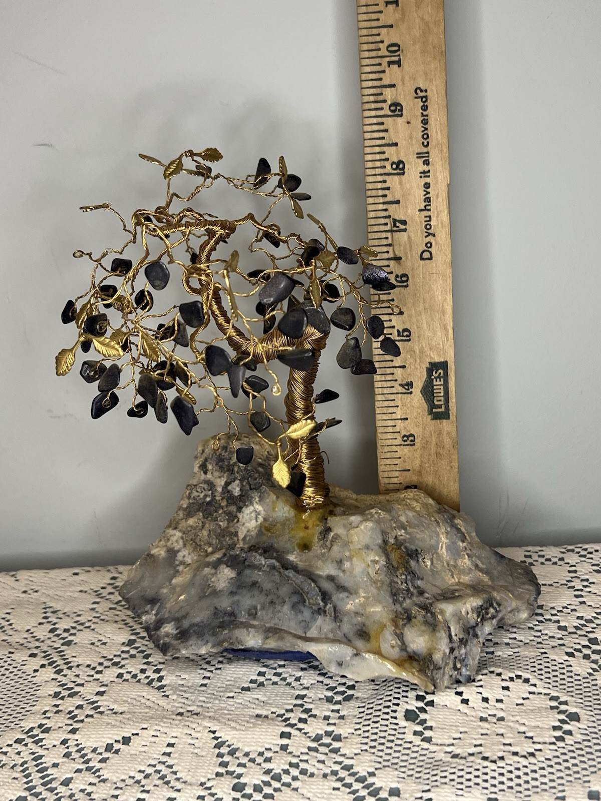 Vintage MCM Gemstone Twisted Brass Wire Tree of Life Bonsai – V3