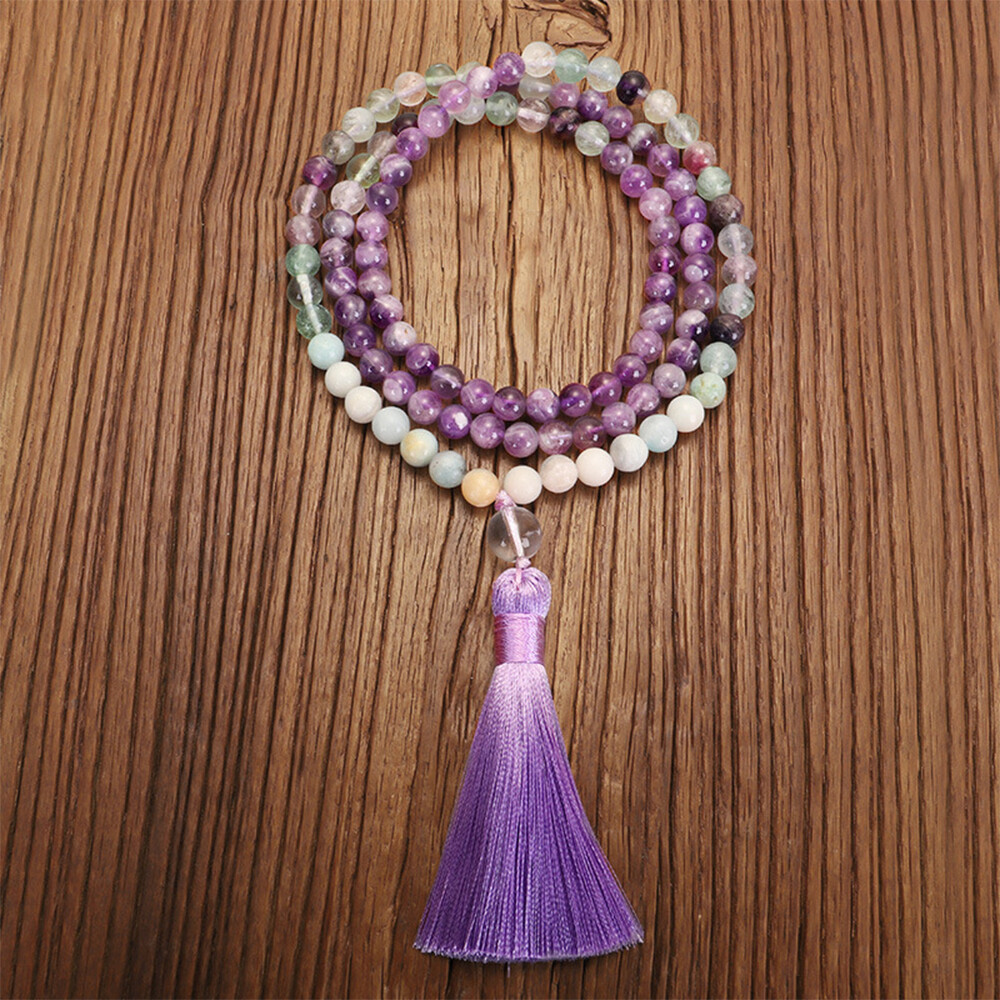 8mm Natural Rainbow Fluorite Amethyst Gemstone 108 Beads Mala Necklace Bracelet