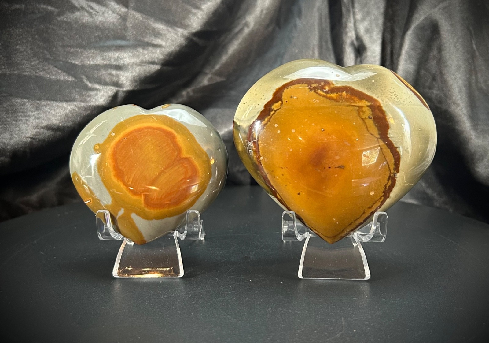 Chunky Polychrome (Desert) Jasper Heart Pair with Acrylic Stands 1lb 3.9oz total