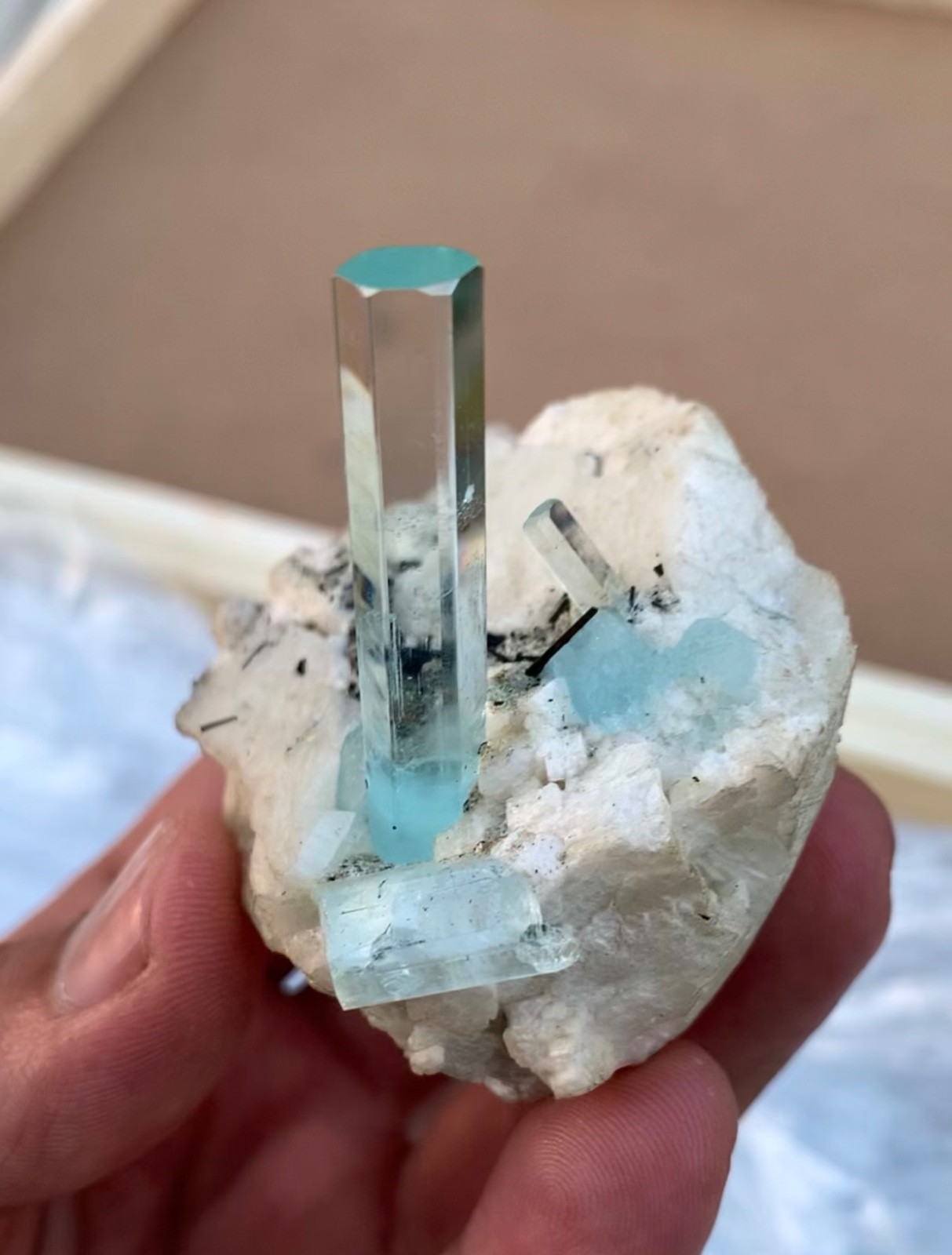 Natural rich blue aquamarine crystal with albite and schorl from skardu,Pakistan