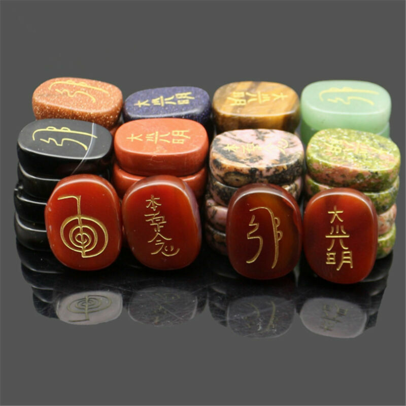 4pcs/Set 7 Chakra Palm Stone Set Engraved Usui Symbols Reiki Crystal Stones