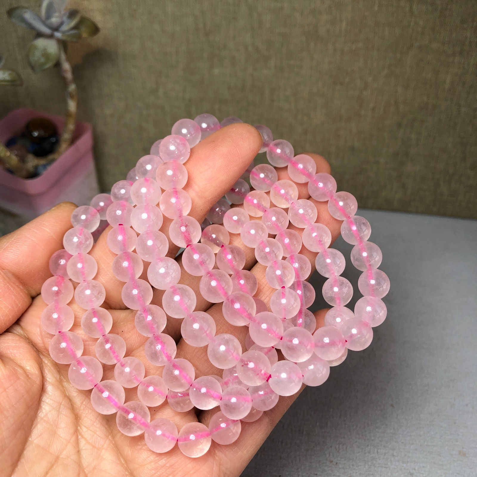 5pcs wholesale Natural pink Crystal rose Quartz chain beads bracelet 8mm A2782