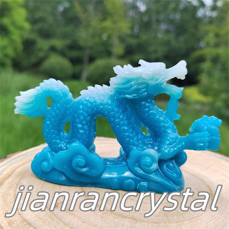 4″ Blue Luminous Stone Sculpture Chinese Dragon Resin Decor Chinese Dragon 1pc