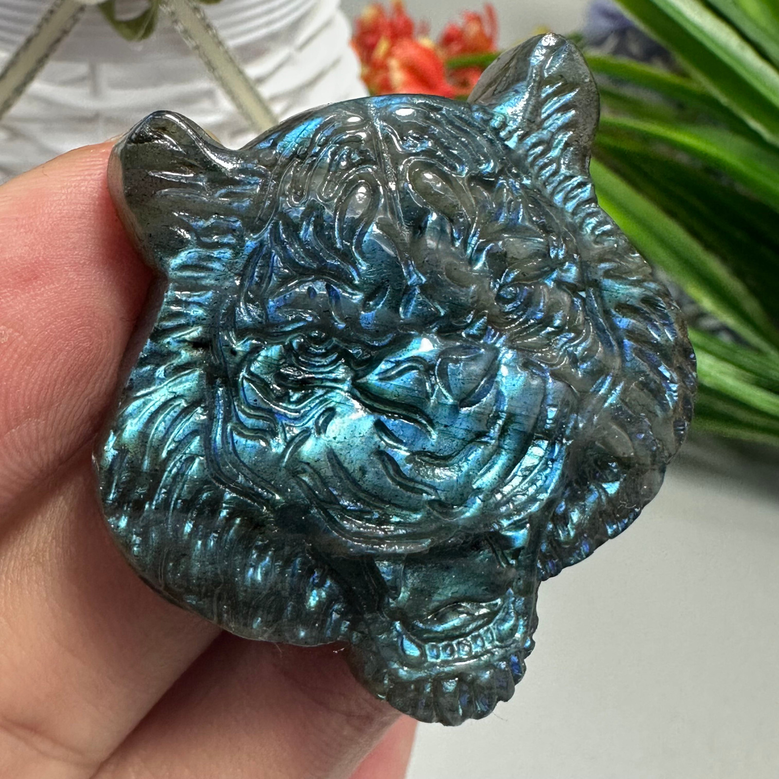 Natural Labradorite Carved Tiger Skull Quartz Skull Crystal Specimen Reiki Heal