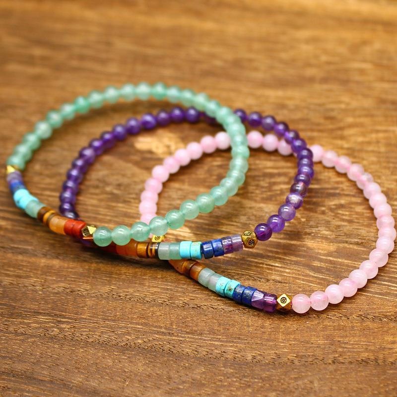 Natural Stone Crystal Seven Color Crystal Round Bead Ethnic Style Bracelet3-5PCS