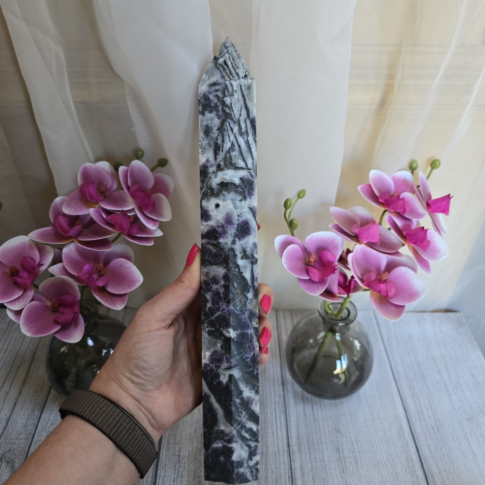XL 12 3/8″ Natural Purple Sphalerite & Fluorite Tall Crystal Tower (m5)