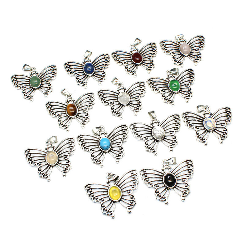 Hollow Out Butterfly Pendant Oval Beads Natural Crystal Gemstone Healing Quartz