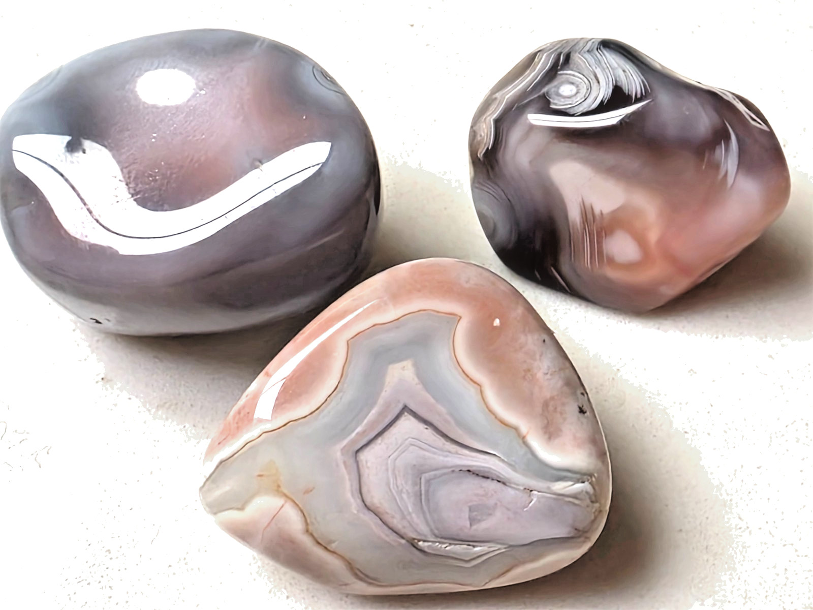 3 POLISHED BOTSWANA AGATEs , 44.6 Grams Bands , Greys , Pinks . Nice Lot